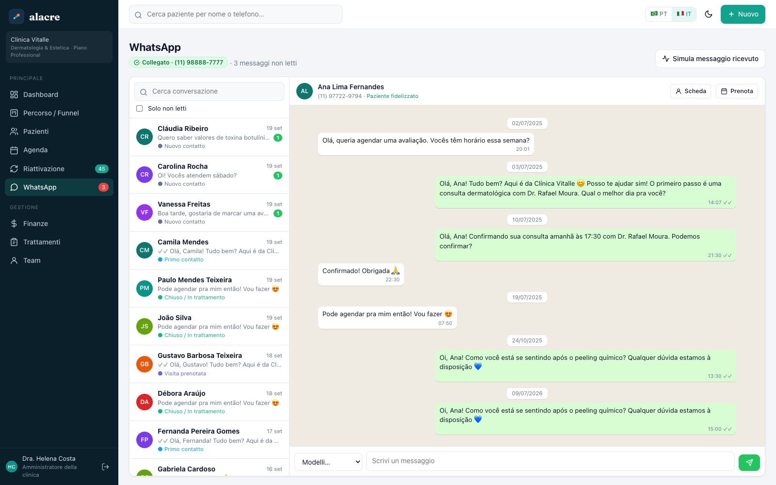 Schermata di Alacre · WhatsApp dentro il CRM