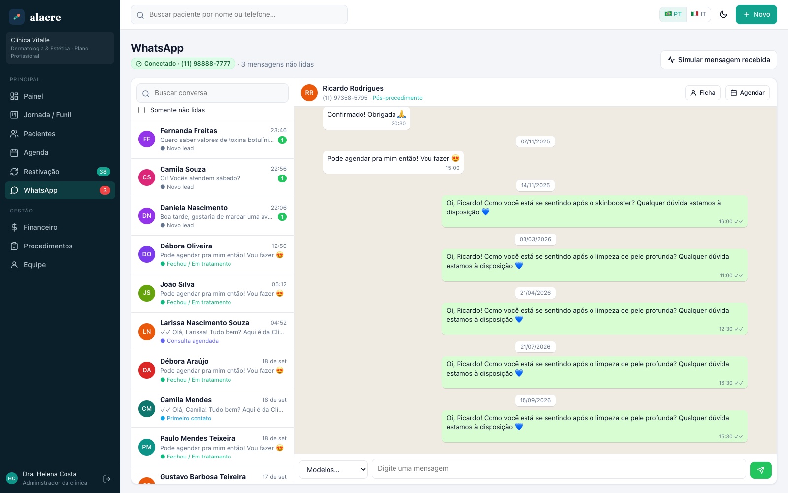 Tela do Alacre · WhatsApp dentro do CRM